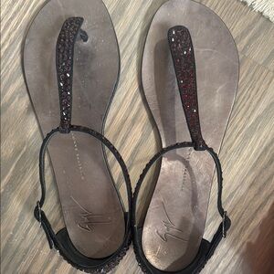 Giuseppe Zanotti Crystal-Embellished T-Strap Flat Sandals in Black